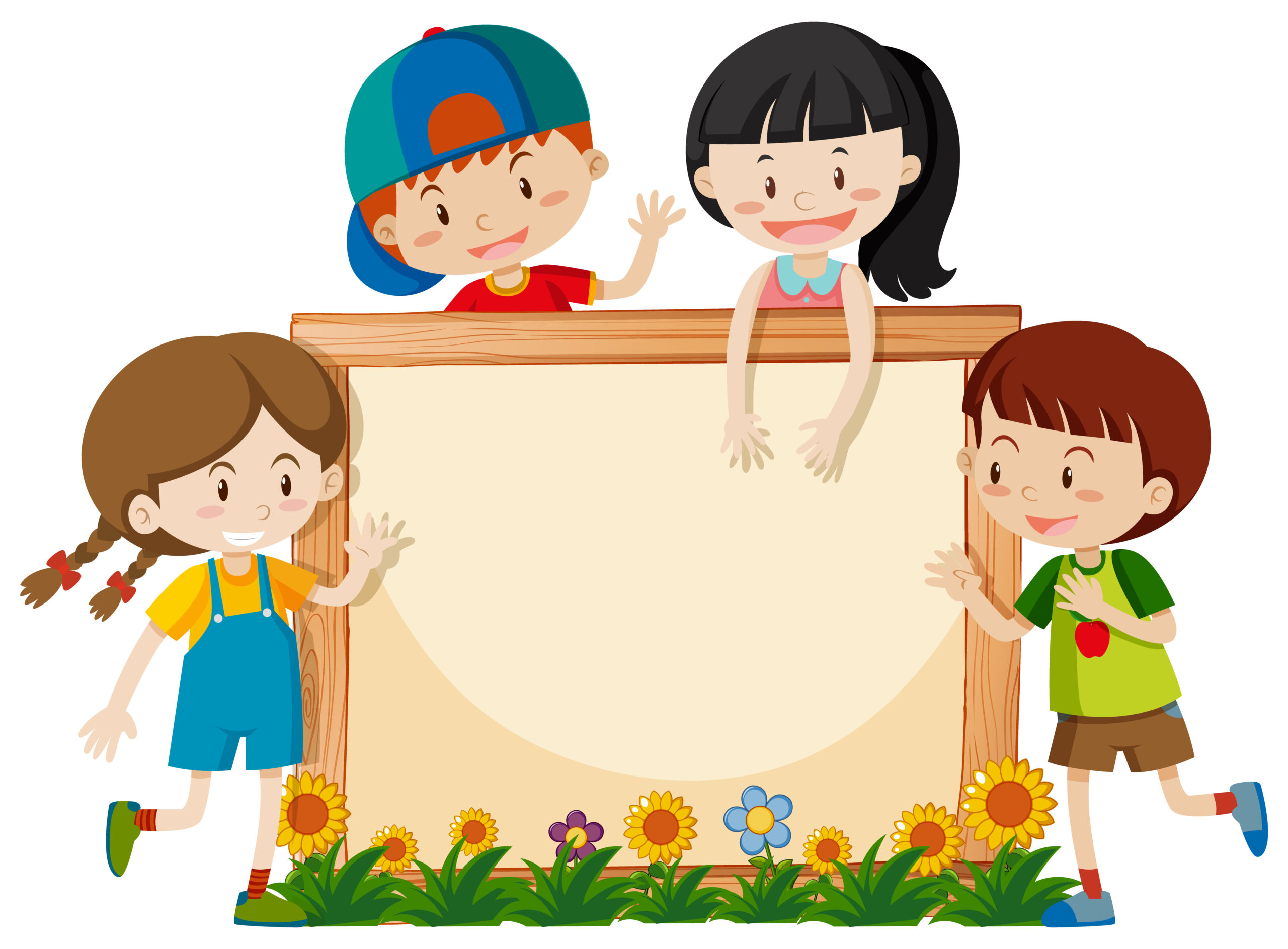Frame template with happy kids in garden illustration